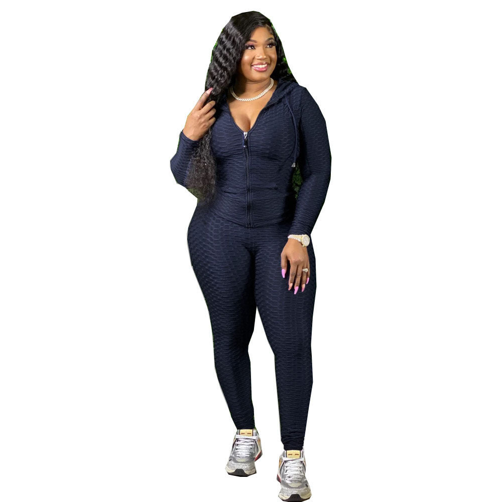 BamBam Plus Size Women Fall/Winter Casual Solid Zipper Top and Pant Two-piece Set - BamBam