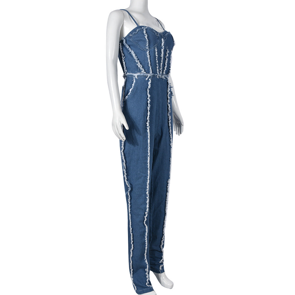 BamBam Women Sexy Cutout Tassel Zipper Suspenders Denim Jumpsuit - BamBam Clothing