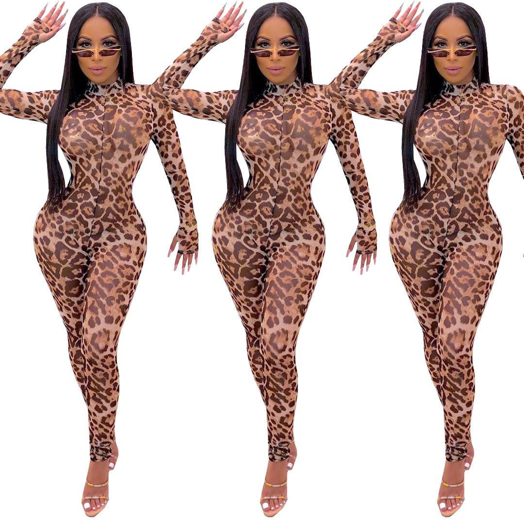 BamBam Women's Sexy See-Through Mesh Leopard Long Sleeve Jumpsuit - BamBam Clothing