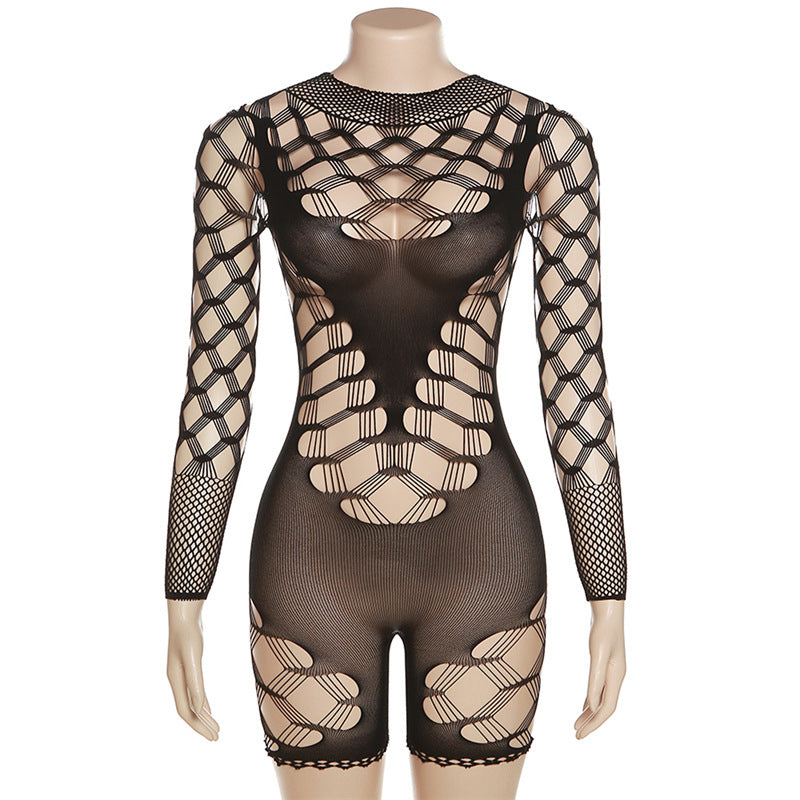 BamBam Sexy see-through high-waisted long-sleeved mesh tight fitted Sheer jumpsuit - BamBam