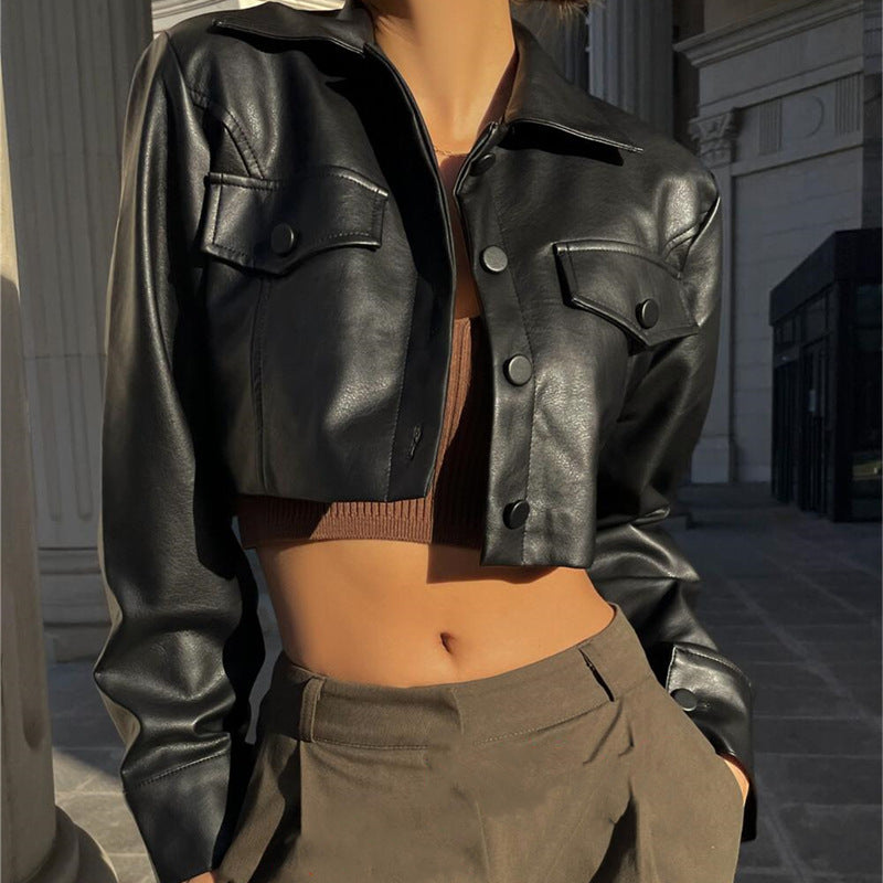 BamBam Women Sexy Crop PU-Leather Jacket - BamBam