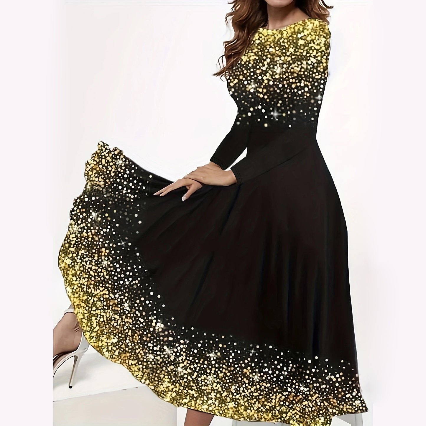 BamBam Autumn And Winter Christmas Snowflake Print Round Neck A-Line Swing Dress For Women - BamBam