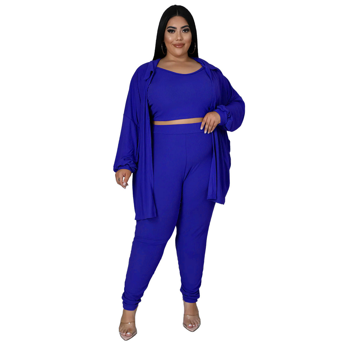 BamBam Plus Size Women Ribbed Solid Color Three-Piece Casual Sexy Pants Set - BamBam