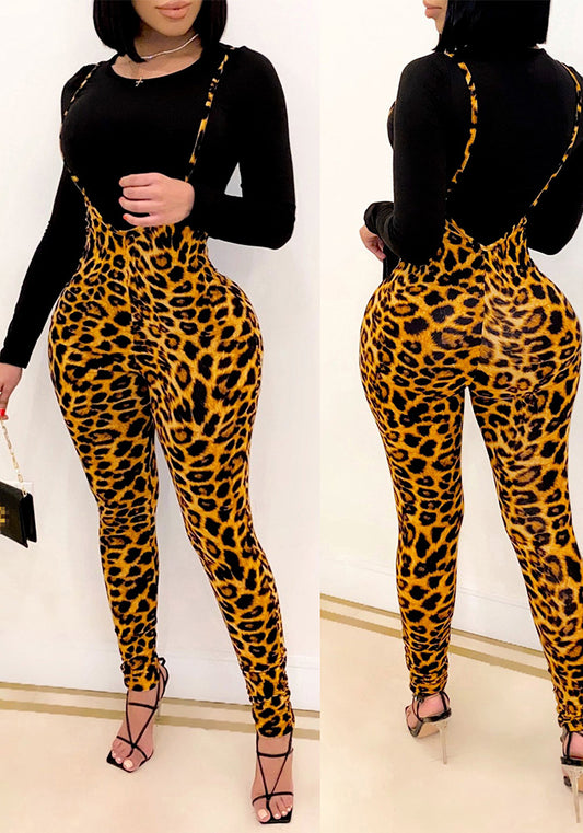 Women Leopard Print Long Sleeve Top and Print Overalls Two-Piece Set