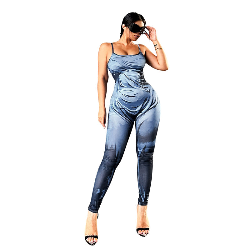 BamBam Summer Women's Printed Straps Slim High Waist Sports Jumpsuit - BamBam Clothing