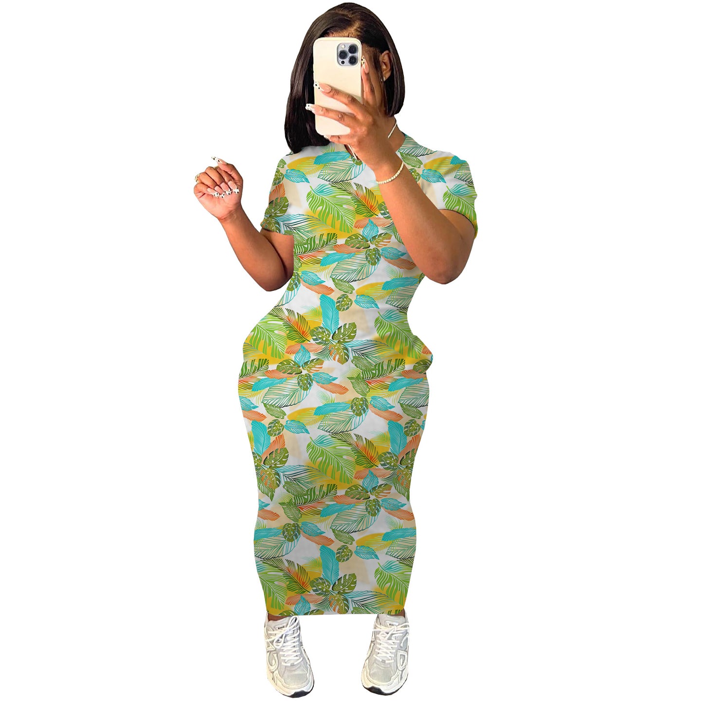 BamBam Ladie Casual Round Neck Side Pocket Short Sleeve Printed Maxi Dress for Women - BamBam