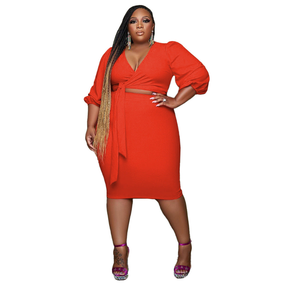 BamBam Plus Size Women's Solid Color Casual Sexy Two Piece Skirt Set For Women - BamBam