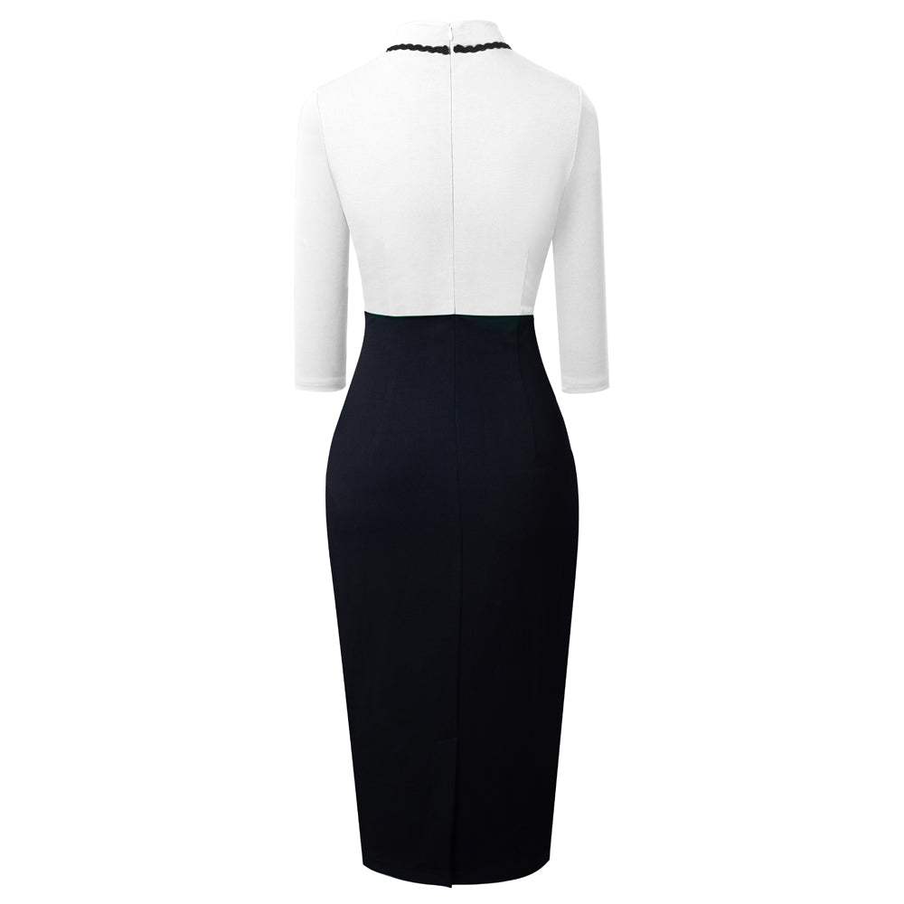 BamBam Women Elegant Round Neck Zip Colorblock Bodycon Dress - BamBam