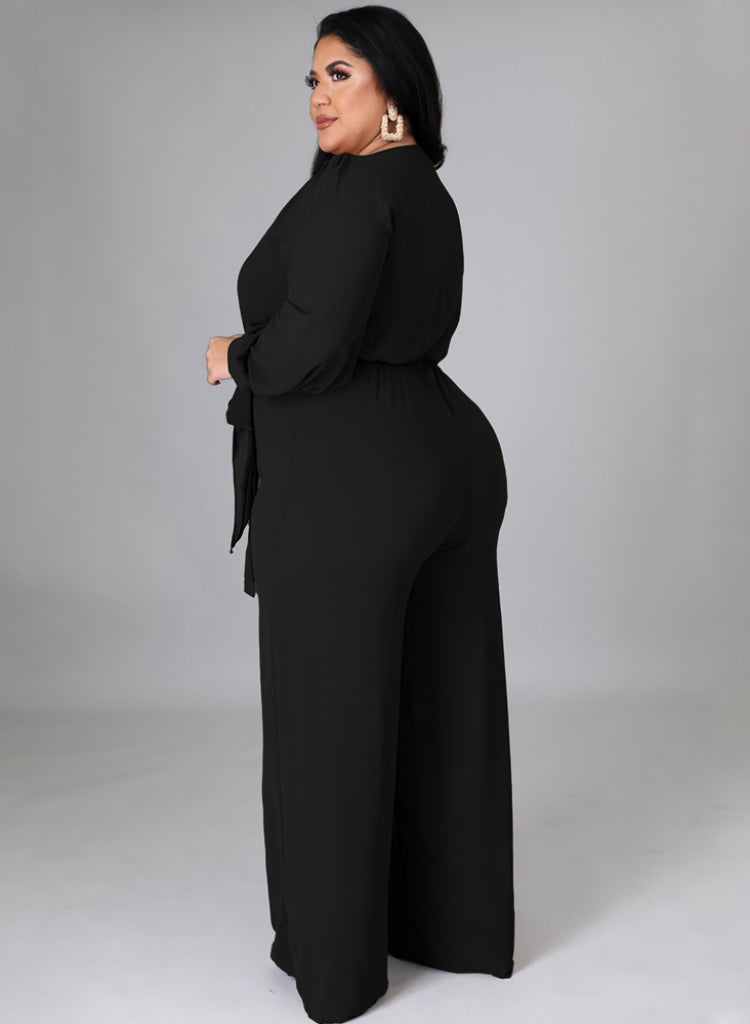 BamBam Autumn Plus Size Elegant Wrap Jumpsuit Black - BamBam Clothing