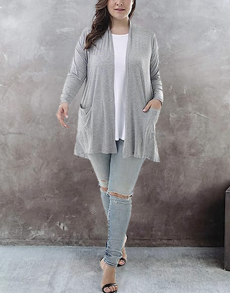 BamBam Women Solid Long Sleeve Pocket Cardigan Top - BamBam