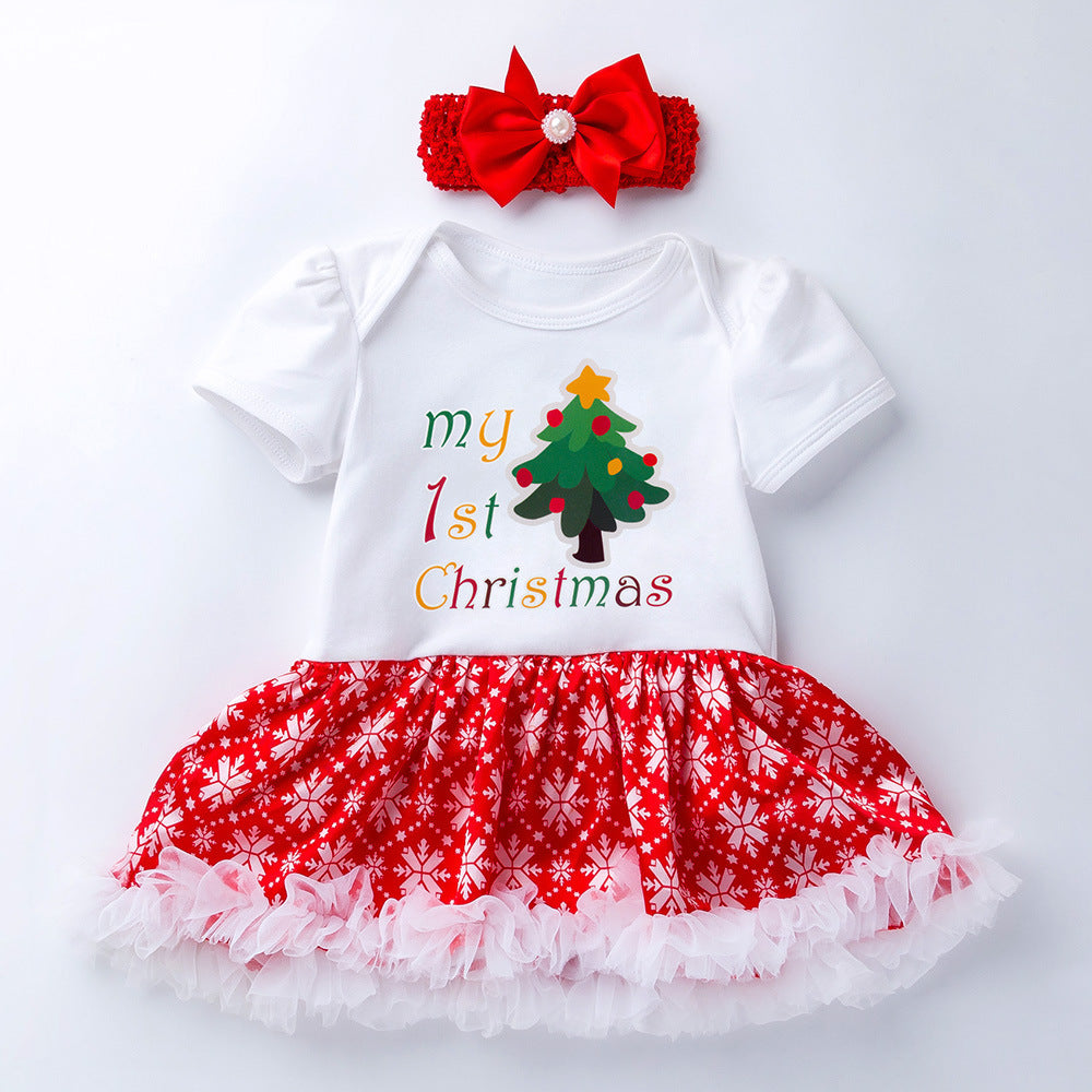 BamBam Christmas Girl Christmas Tree Socks Deer Head Short Sleeve Top and Skirt Two Piece Set - BamBam