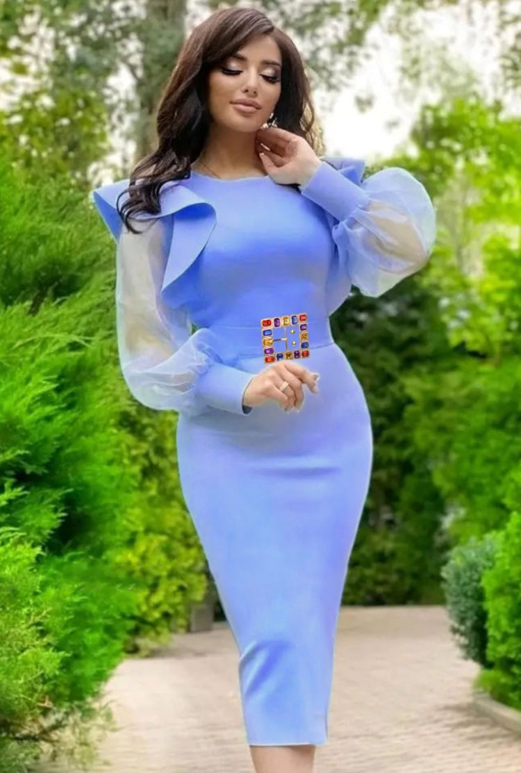 Women Spring Blue Puff Sleeves Patchwork Ruffles Midi Party Dress