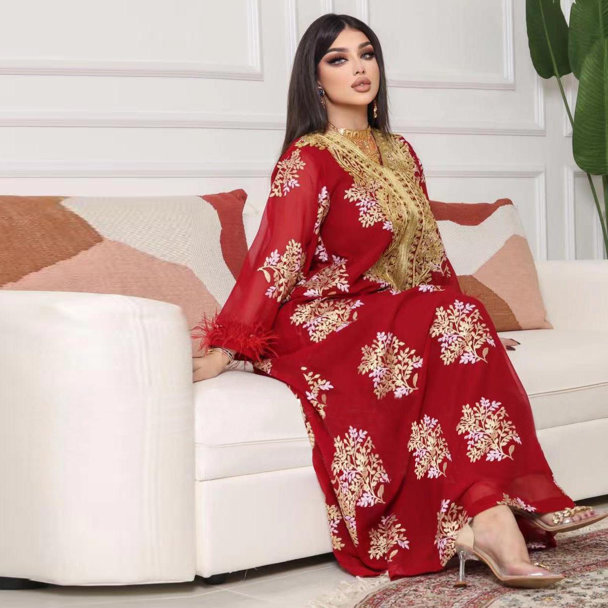 BamBam Muslim Summer Dubai Embroidered Fur Trim Gold Lace Dress Long Dress - BamBam