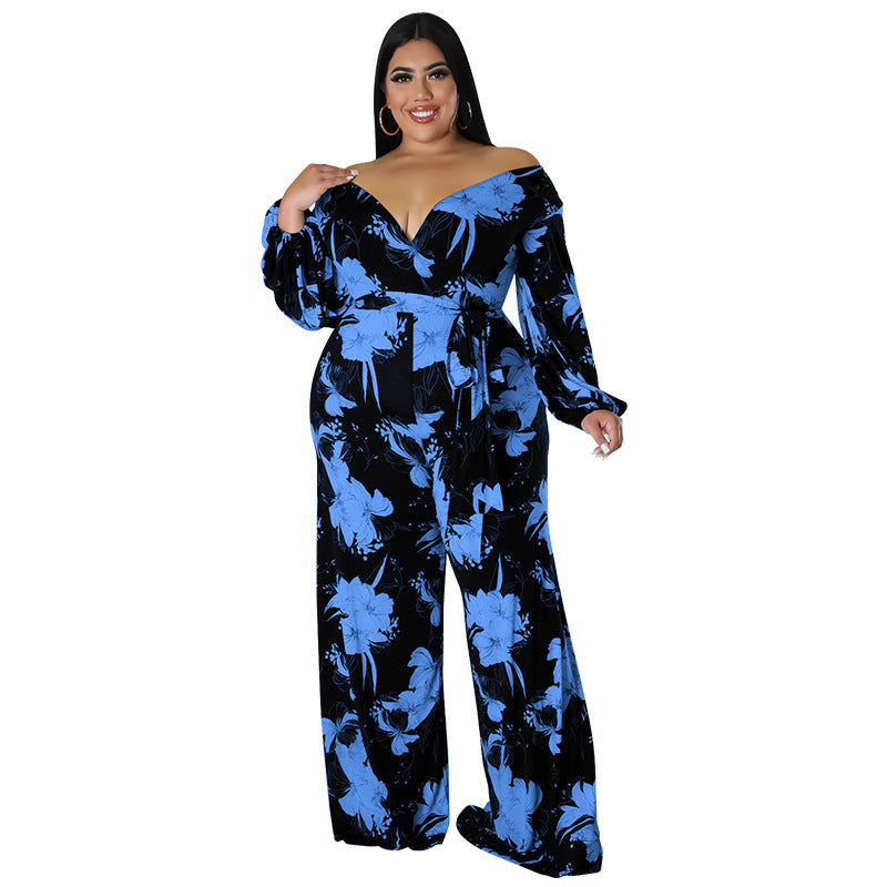 BamBam Plus Size Women Fall Print V-Neck Off Shoulder Jumpsuit - BamBam Clothing