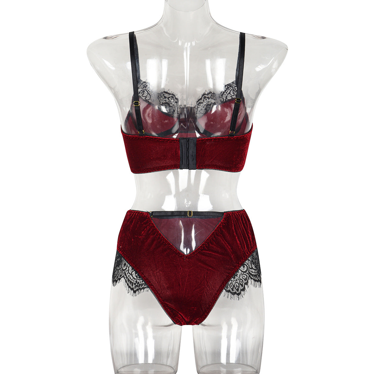 BamBam Autumn Burgunry Velvet Patchwork Lace Comfortable Sexy Lingerie Set - BamBam