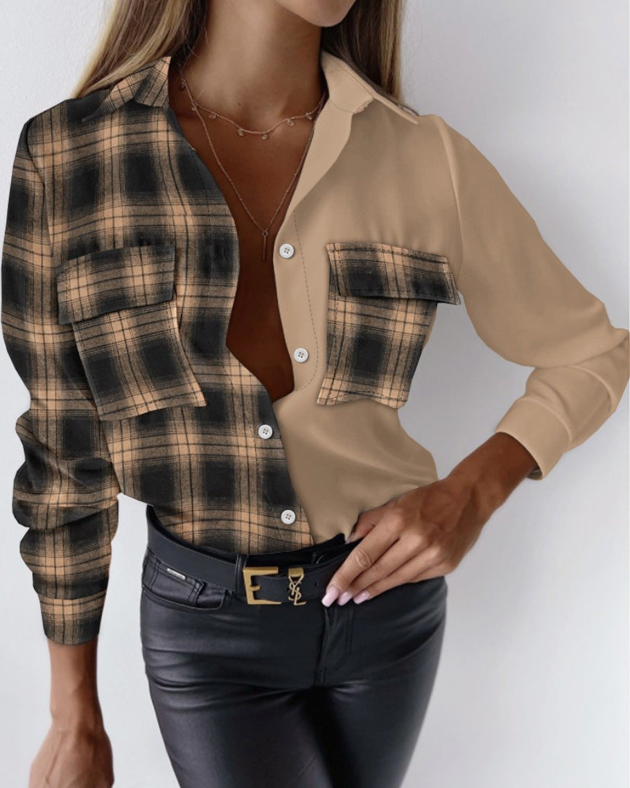 BamBam Women Autumn Plaid Long Sleeve V-Neck Button Patchwork Shirt - BamBam