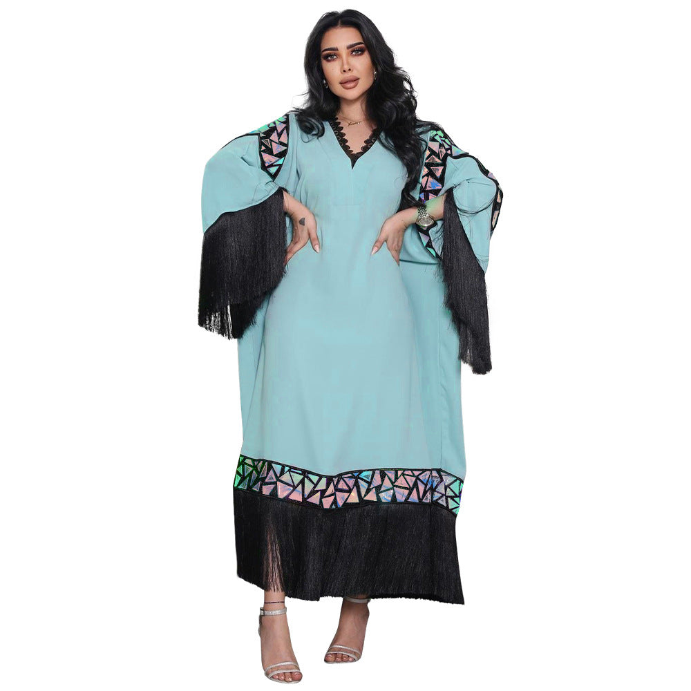 BamBam Sequined Tassel Robe Abaya Loose Fit Dress Arabian Ladies Clothing Dubai Muslim - BamBam