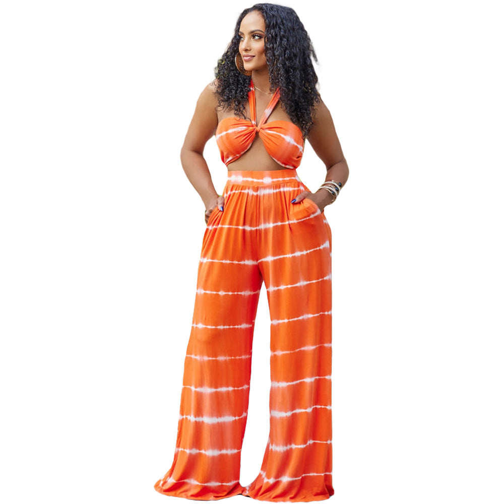 BamBam Women Stripe Print Crop Top and Loose Pocket Trousers Two-Piece Set - BamBam