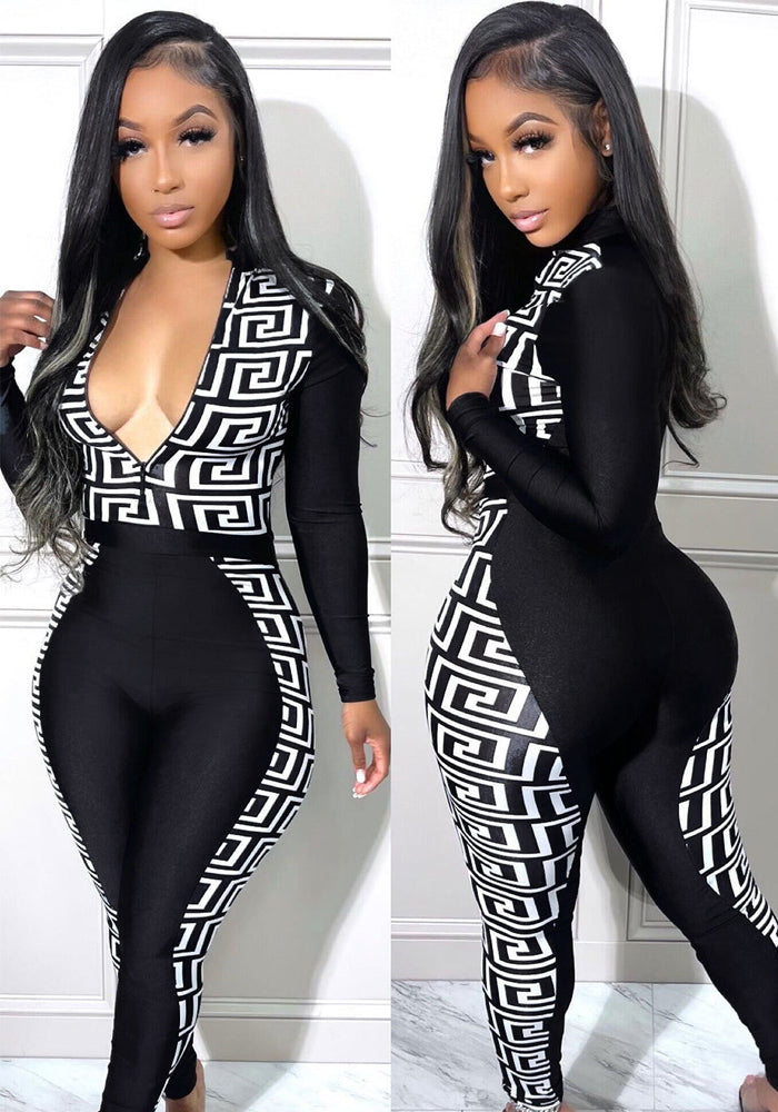 Plus Size Women Sexy Print Patchwork Jumpsuit