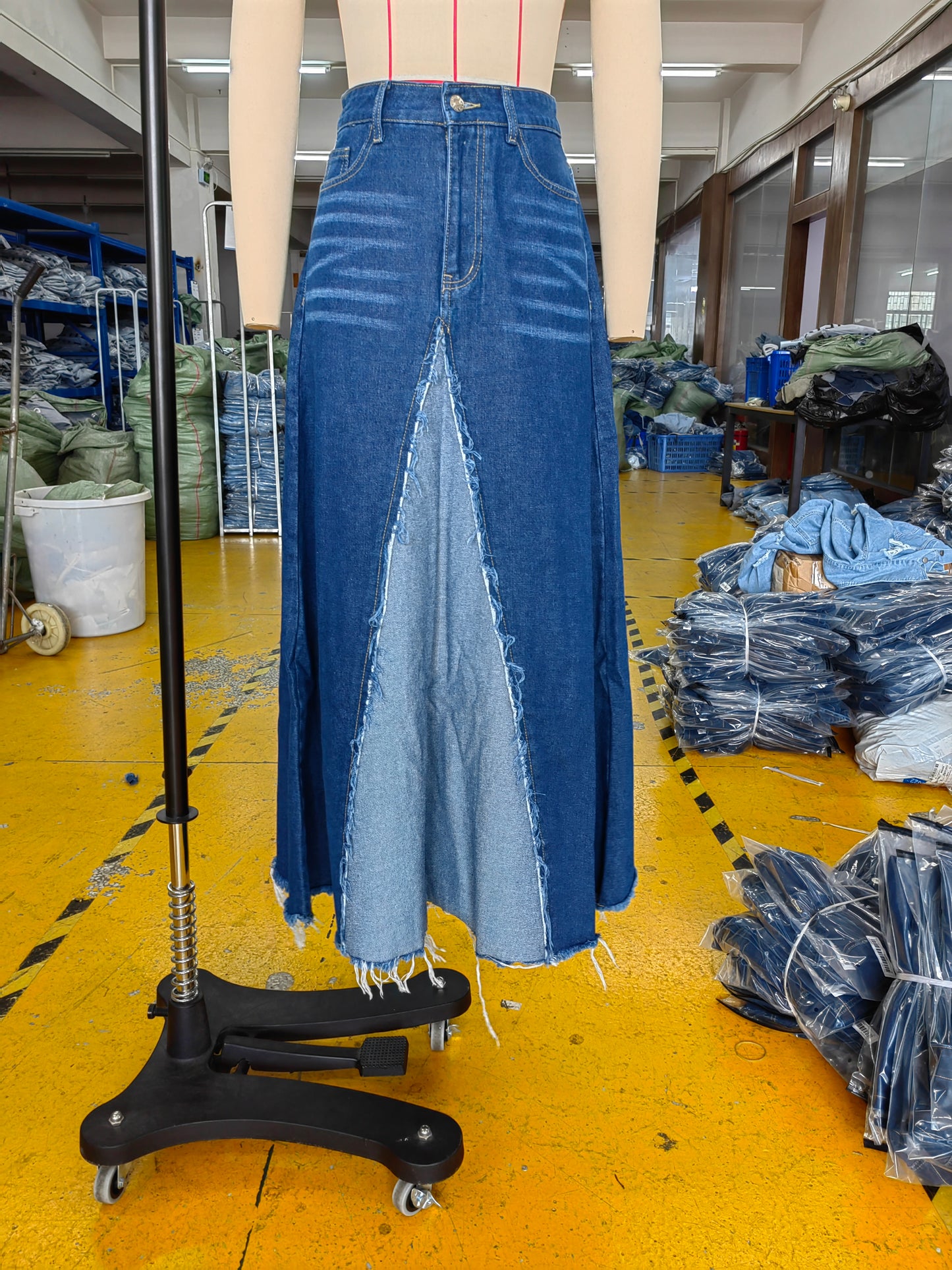 BamBam Fashion Hem Patchwork A-Line Denim Long Skirt - BamBam
