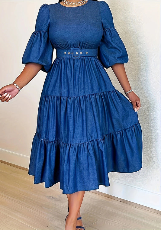 Spring Summer Style Plus Size Women's Fashion Round Neck Large Hem Denim Dress