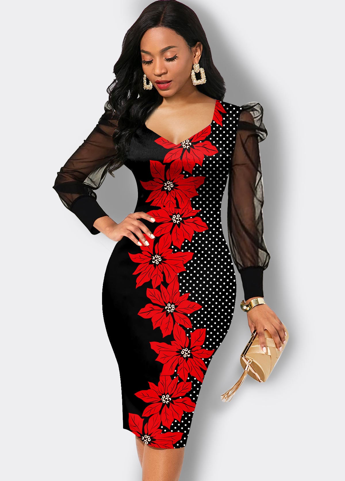 BamBam Women Autumn Printed Mesh Patchwork Long Sleeve Dress - BamBam Clothing