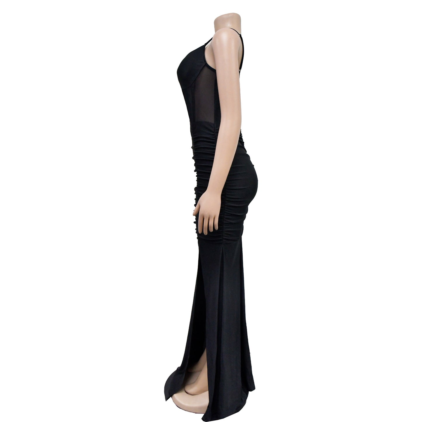 BamBam Fashion Women's Solid Color Mesh Sleeveless Slit Strap Dress - BamBam Clothing Clothing