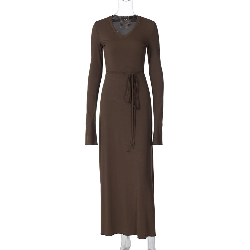 BamBam Women's Winter Chic V Neck Slim Fit Belt Long Sleeve Dress - BamBam