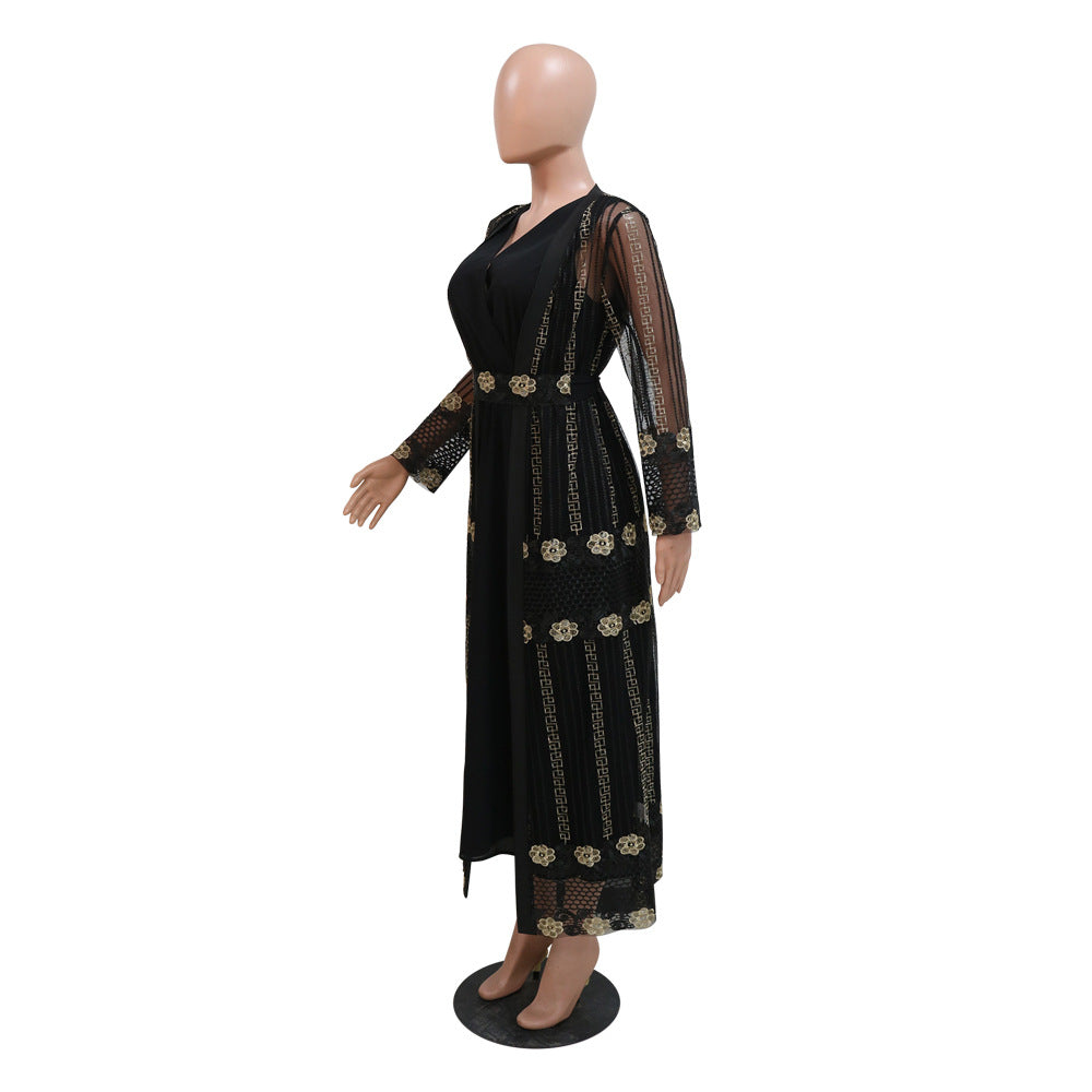 BamBam Embroidered mesh jacket with chiffon sundress suit kaftan dress - BamBam