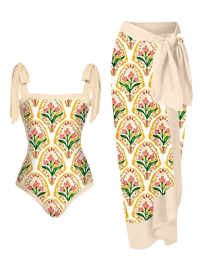 BamBam Printed One-Piece Swimsuit Sunscreen Cover Up Skirt Two Piece Set - BamBam