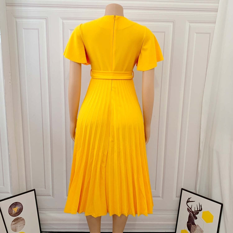 BamBam Autumn Formal Yellow V-Neck Pleated Office Dress with Belt - BamBam