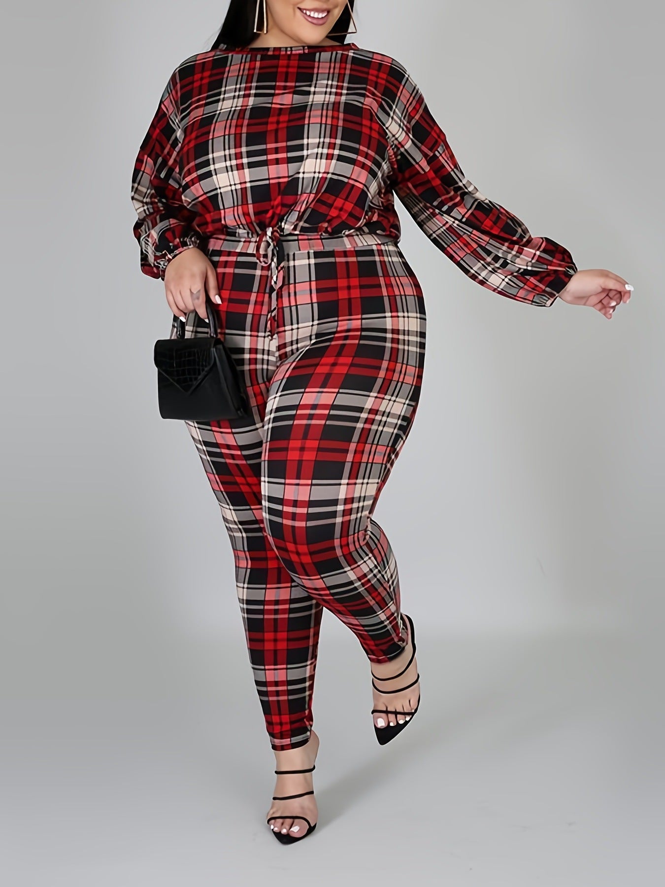 BamBam Plus Size Women Plaid Print Long Sleeve Top and Pant Two-piece Set - BamBam