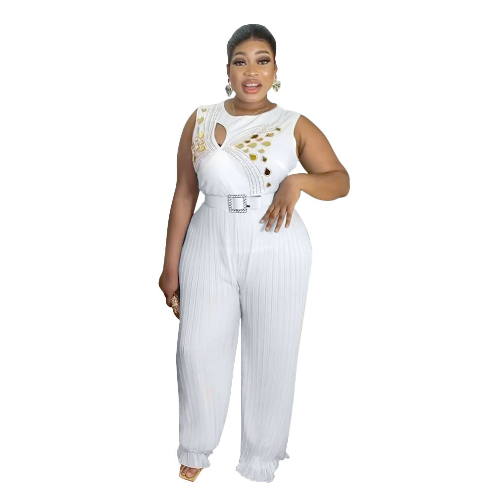 BamBam Ladies Round Neck Sleeveless Beaded Casual Loose Pleated Jumpsuit With Belt - BamBam Clothing