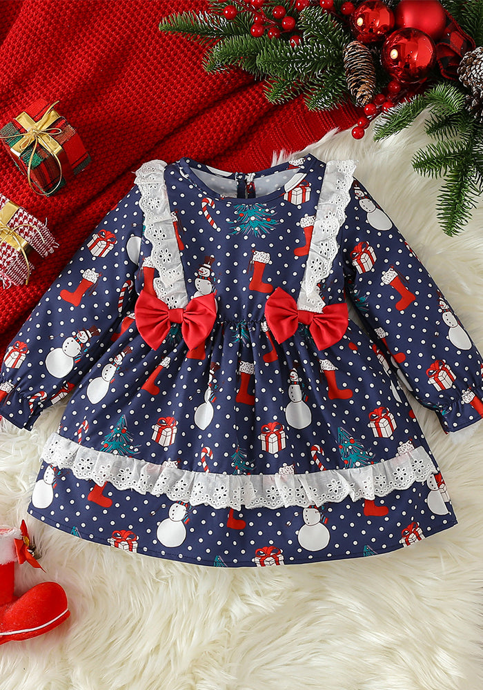 Christmas Girl autumn long-sleeved polka dot cartoon Santa Claus print dress