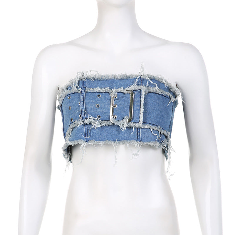 BamBam Denim Patchwork Distressed Strapless Crop Vest High Waist Miniskirt Two Piece Set - BamBam