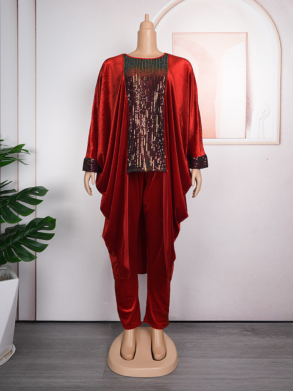 BamBam African Women's Clothing Plus Size Velvet Sequin Dress + Pencil Pants Fashion Casual Suit - BamBam