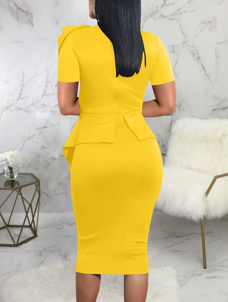 BamBam Women Summer Yellow Formal Bow Short Sleeves Solid Knee-Length Office Dress - BamBam