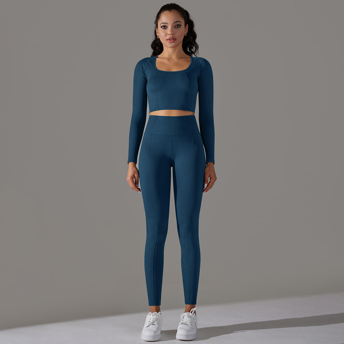 BamBam Seamless Knitting Solid Color Jacquard Low-Cut Tight Fitting Long-Sleeved Yoga Suit Sports Fitness Two-Piece Set - BamBam