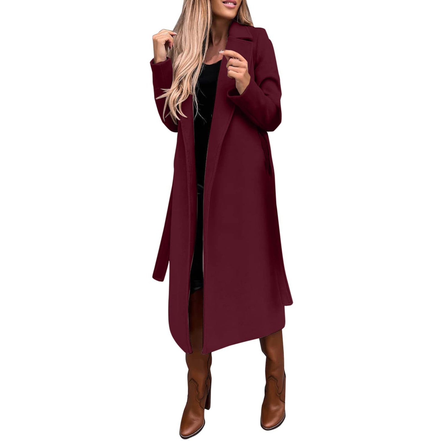 BamBam Women Solid Turndown Collar Long Sleeve Lace-Up Coat - BamBam