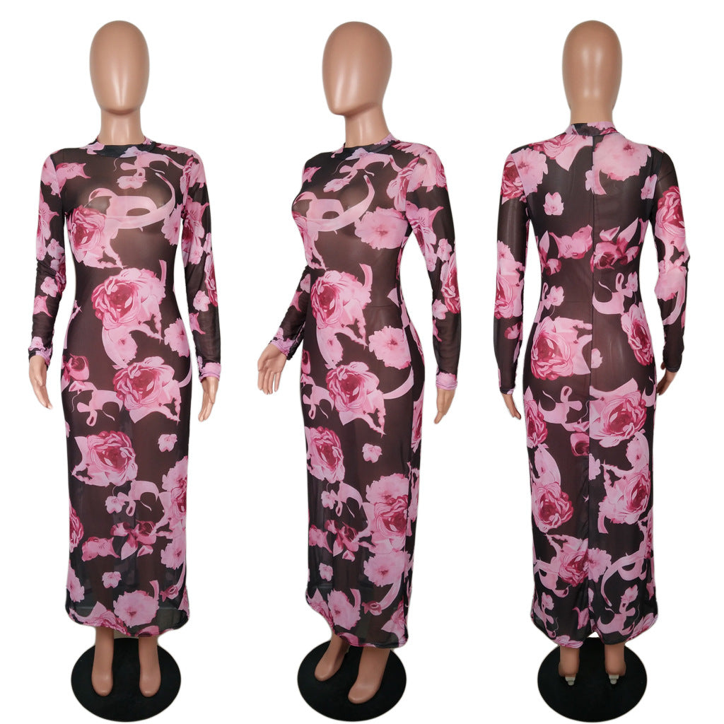 BamBam Women's Fashion and Sexy See-Through Stretch Mesh Print Maxi Dress - BamBam