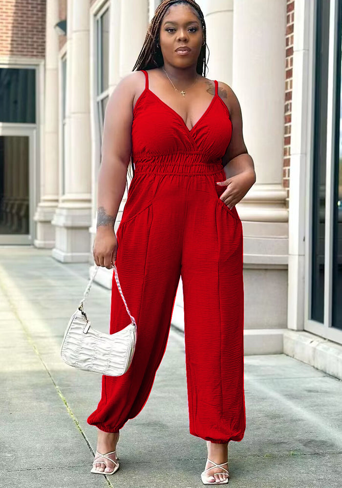 Women'S Straps V-Neck Casual Plus Size Linen Jumpsuit