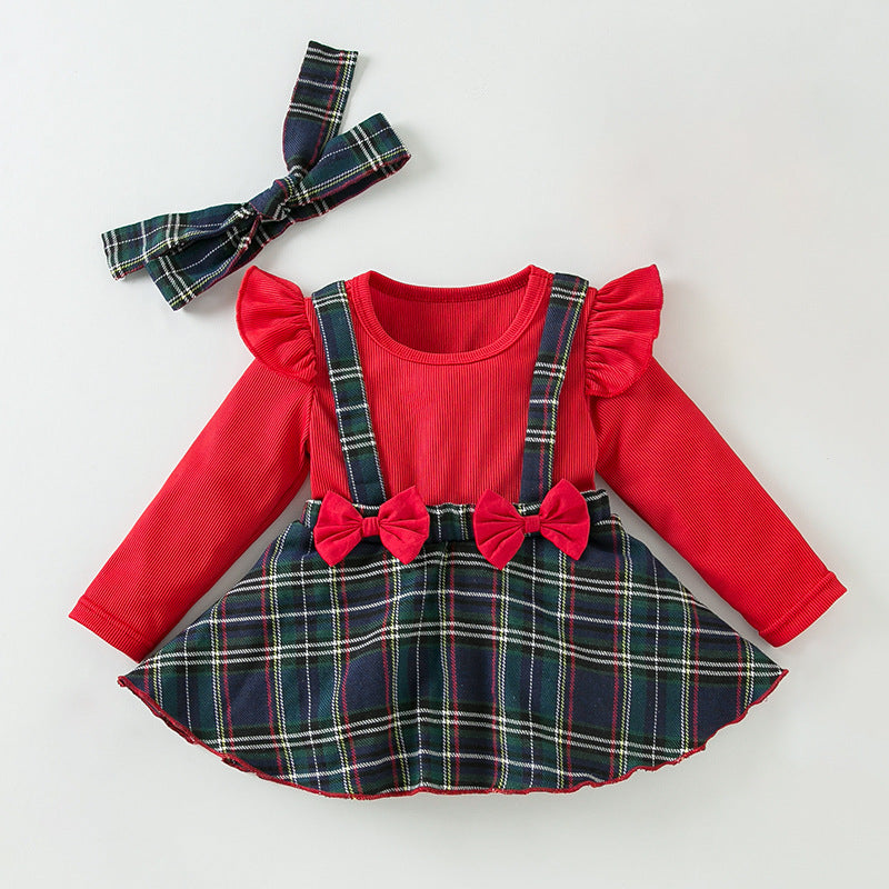 BamBam Baby Christmas Newborn Clothes Baby Long-Sleeved Fake Two-Piece Bow Plaid Dress - BamBam