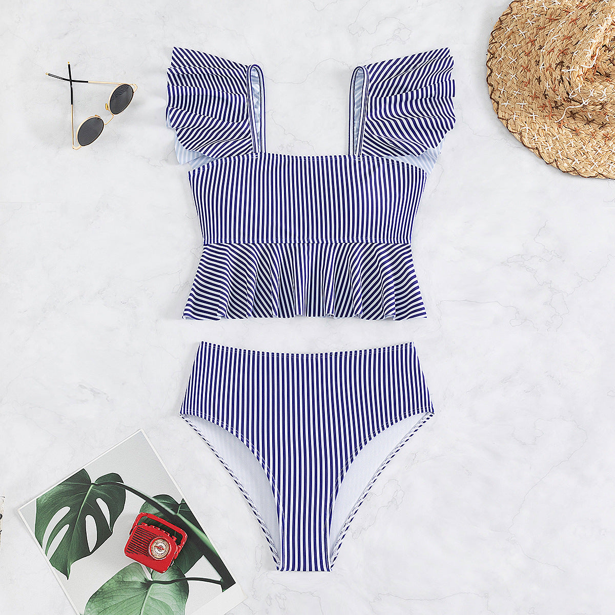 BamBam Bikini Stripe Ruffle High Waist Sexy Low Back Bikini Swimsuit - BamBam