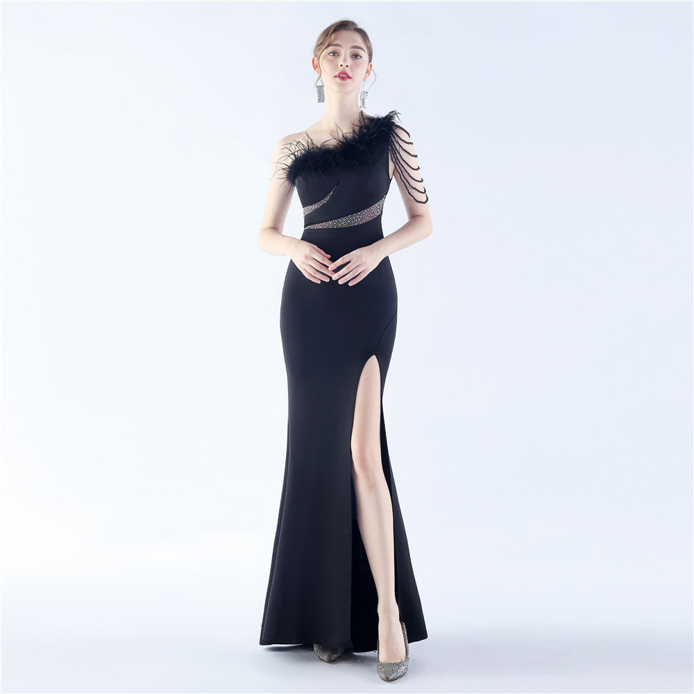 BamBam Women Beaded Beaded Ostrich Feather Slash Shoulder One-shoulder Evening Dress - BamBam Clothing