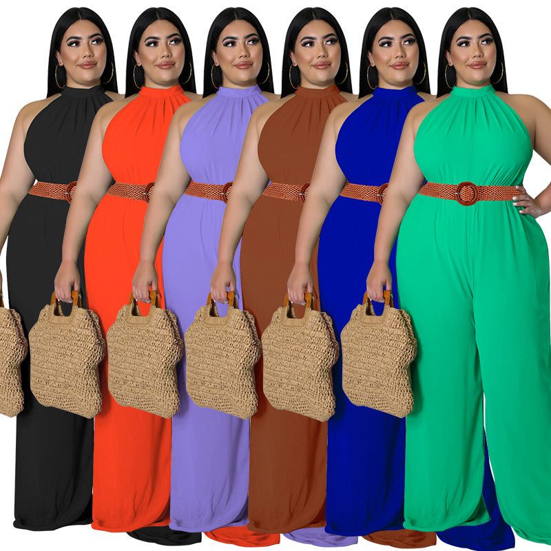 Plus Size Women's Casual Solid Color Belted Jumpsuit