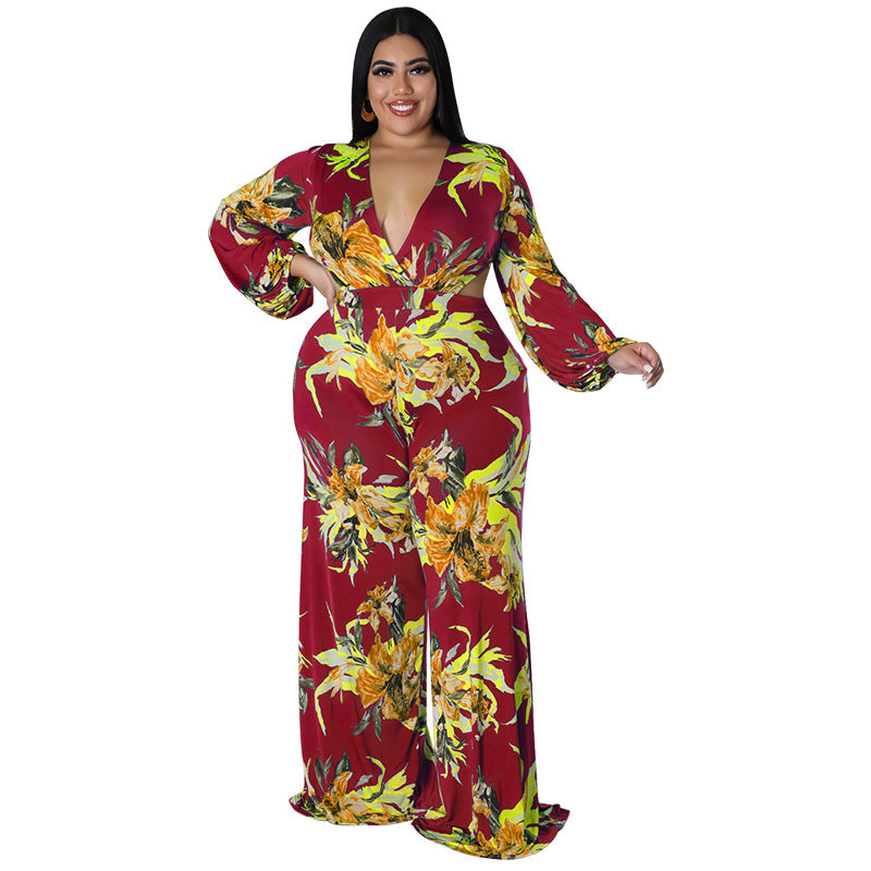 BamBam Plus Size Women's Big Flower Print Sexy Low Back Lace-Up Long Sleeve Jumpsuit - BamBam Clothing