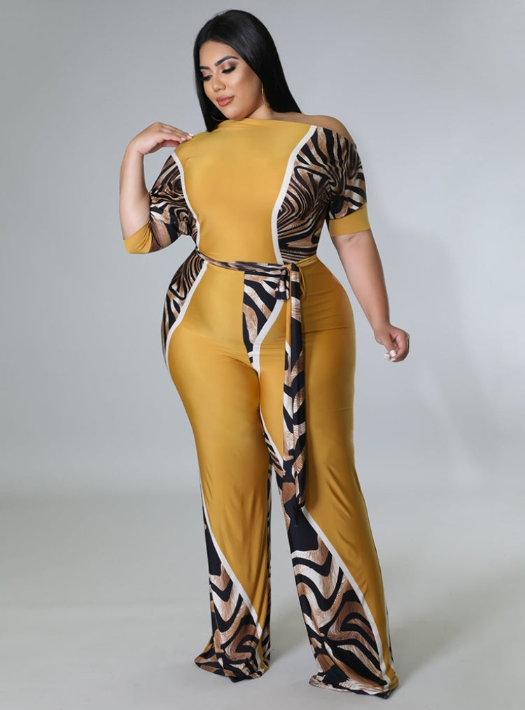 BamBam Women Autumn Yellow Modest Slash Neck Half Sleeves Patchwork Belted Full Length Loose Plus Size Jumpsuit - BamBam Clothing