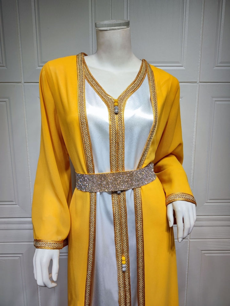 BamBam Women Spring Yellow Tape Belted Islamic Clothing Kaftan Abaya Muslim Dress two piece set - BamBam