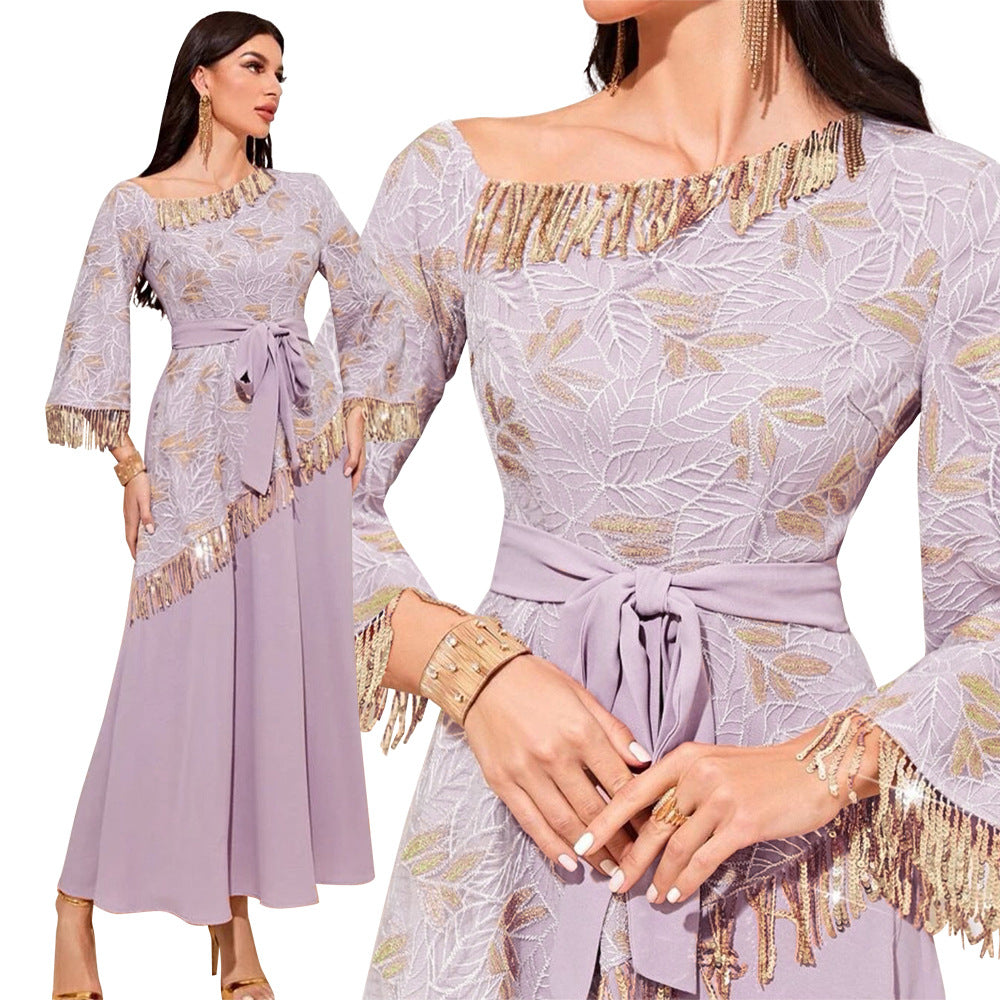 BamBam Kaftan Dress Sequined Tassel Zippered Embroidered Robe Dress - BamBam