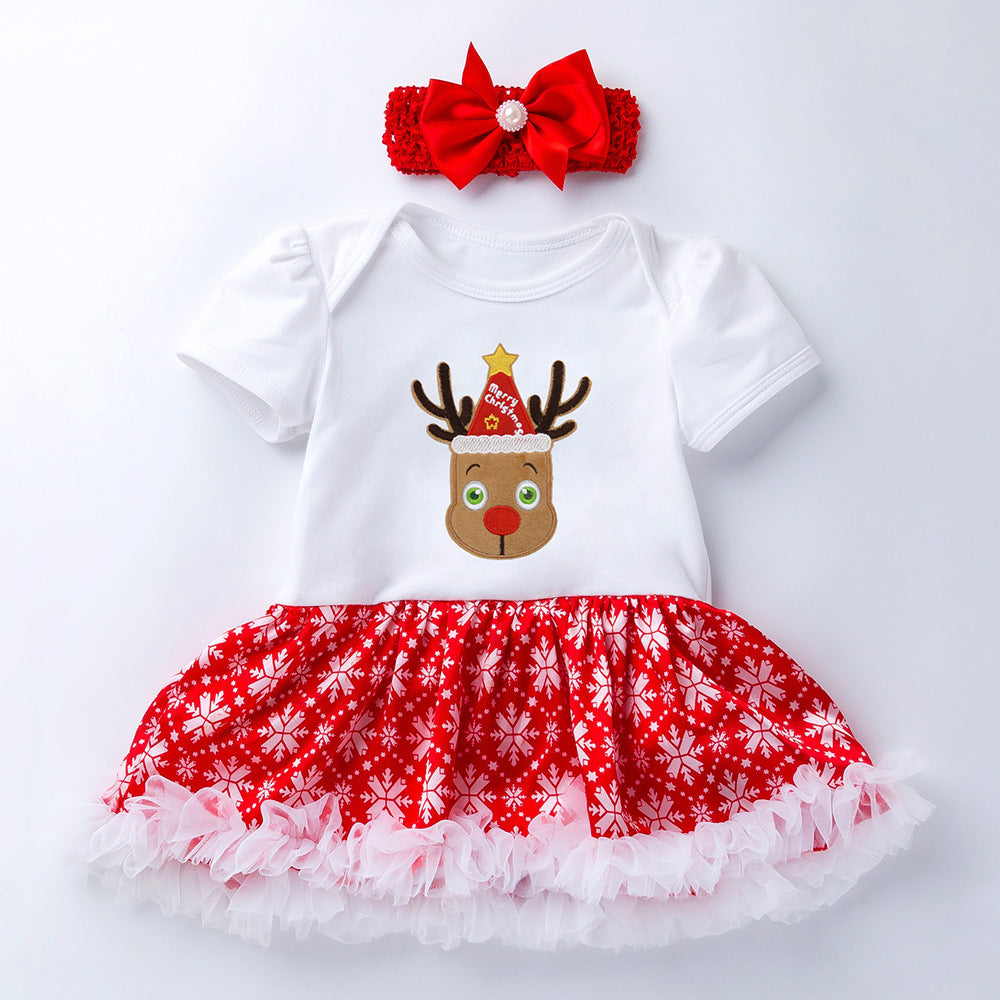BamBam Christmas Girl Christmas Tree Socks Deer Head Short Sleeve Top and Skirt Two Piece Set - BamBam